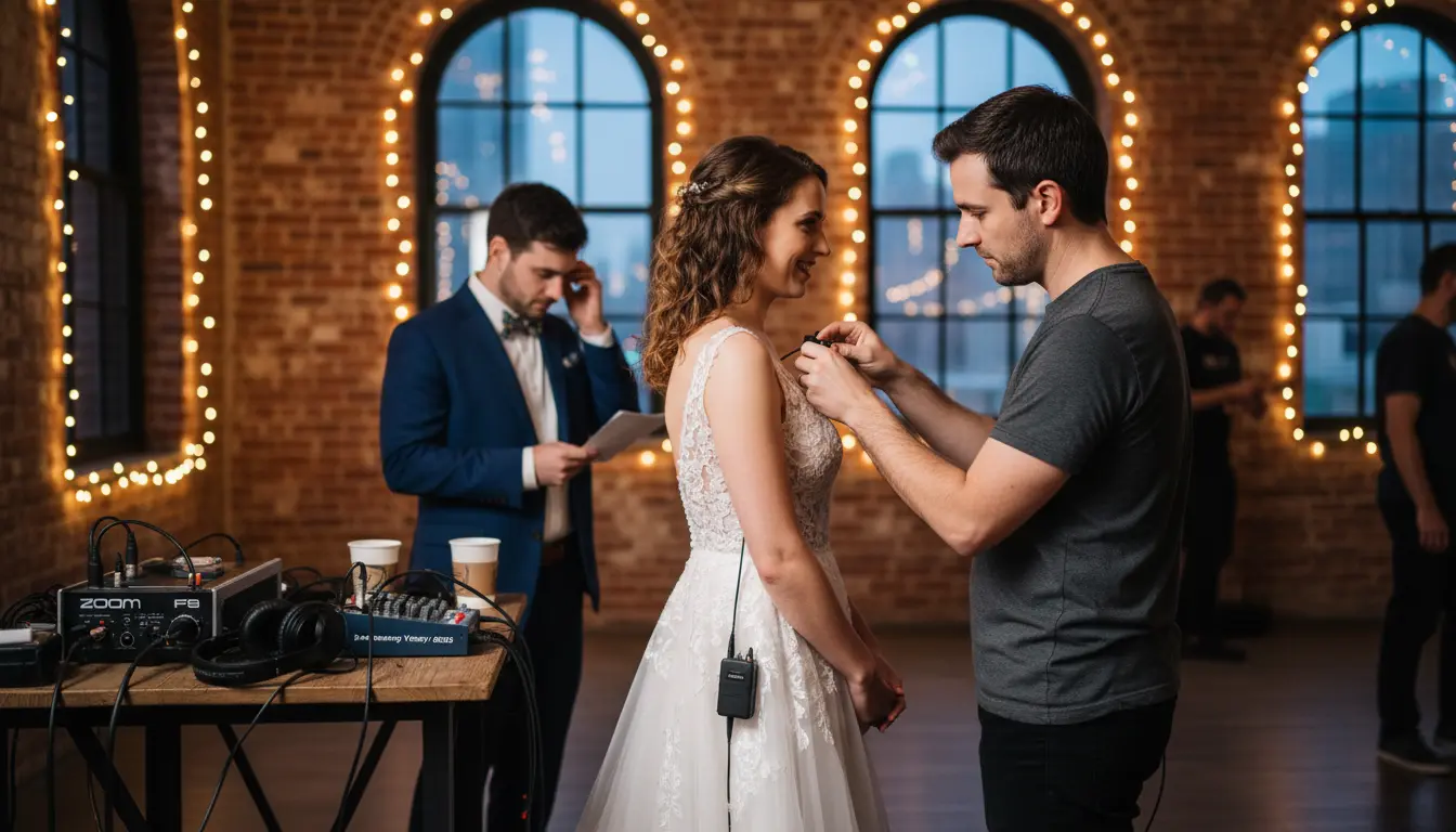 wedding videography audio setup in Brooklyn showing lavalier mic attachment during sound check