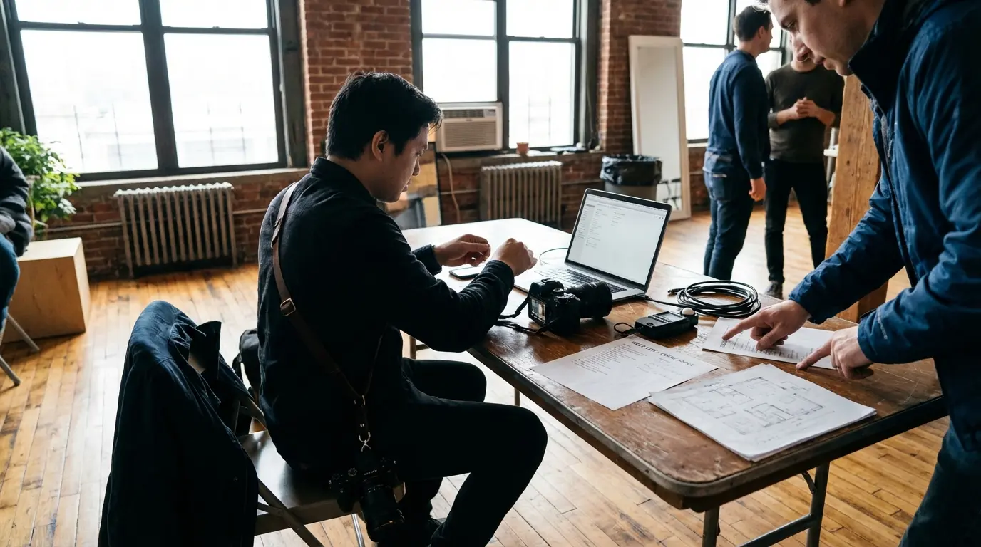 Event photography setup in Brooklyn with camera tethered to laptop and shot list