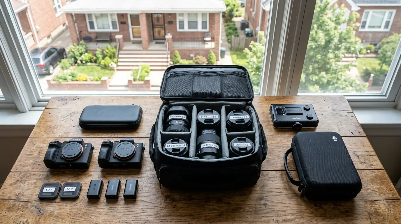 Organized real estate photography equipment kit laid out before Bay Ridge Brooklyn listing shoot