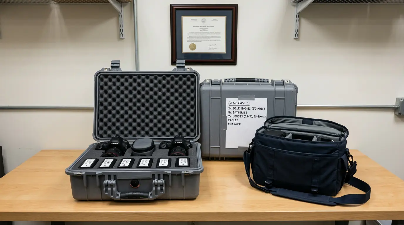 Organized real estate video equipment cases and documentation in Brooklyn videography workspace