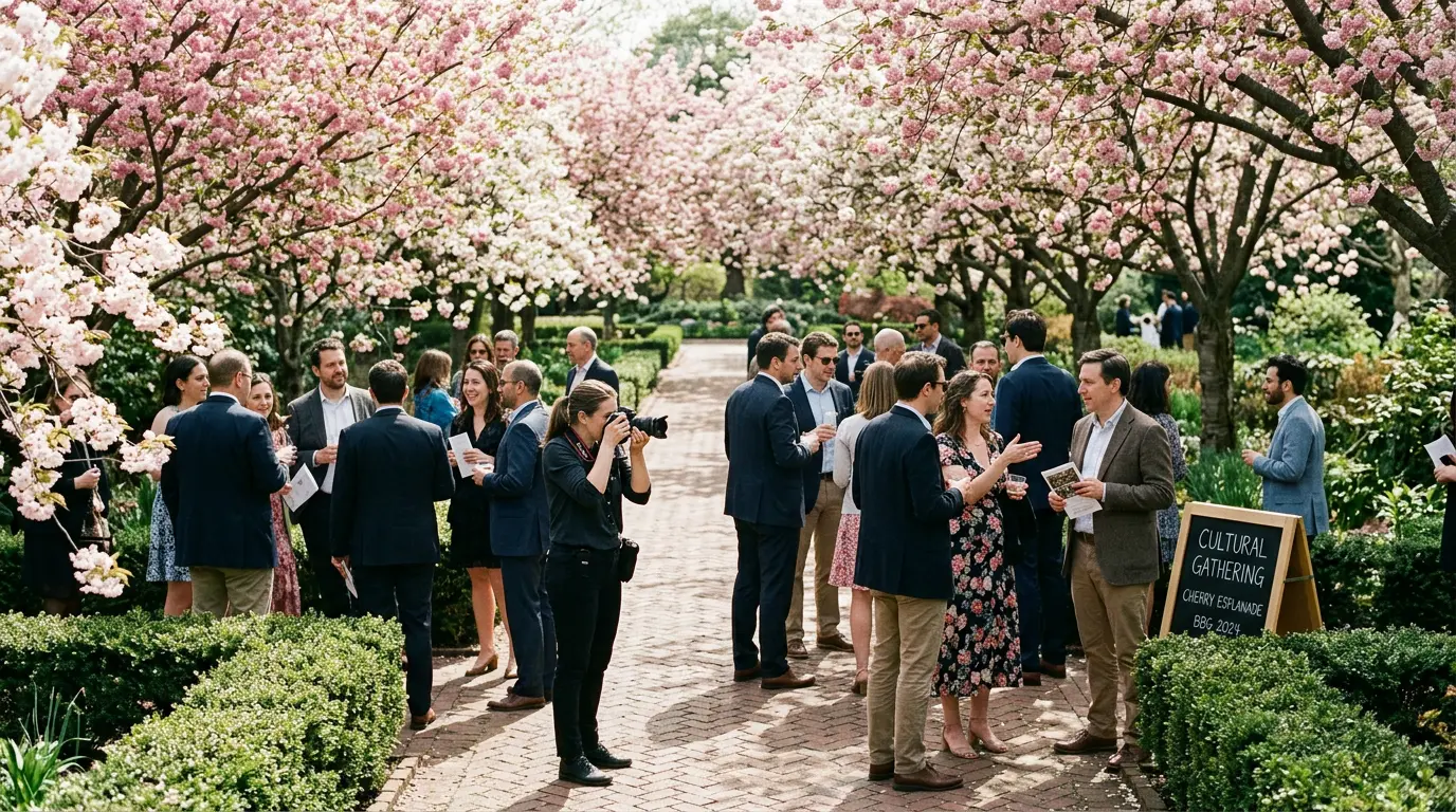 Event photographer at outdoor cultural gathering Brooklyn Botanic Garden Crown Heights cherry blossom path