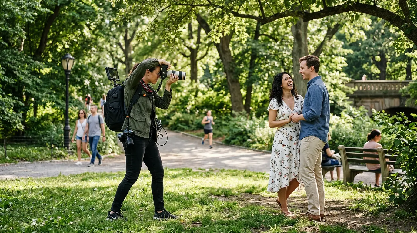Photographer actively working during an outdoor engagement session in a Brooklyn park with natural dappled light and realistic park conditions
