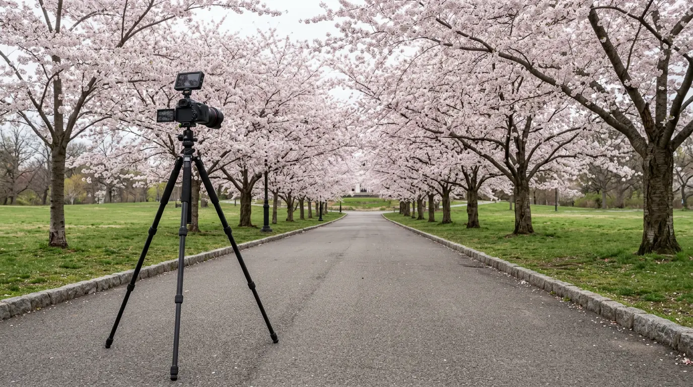 Outdoor school portrait photography equipment setup at Prospect Park in Park Slope Brooklyn during spring
