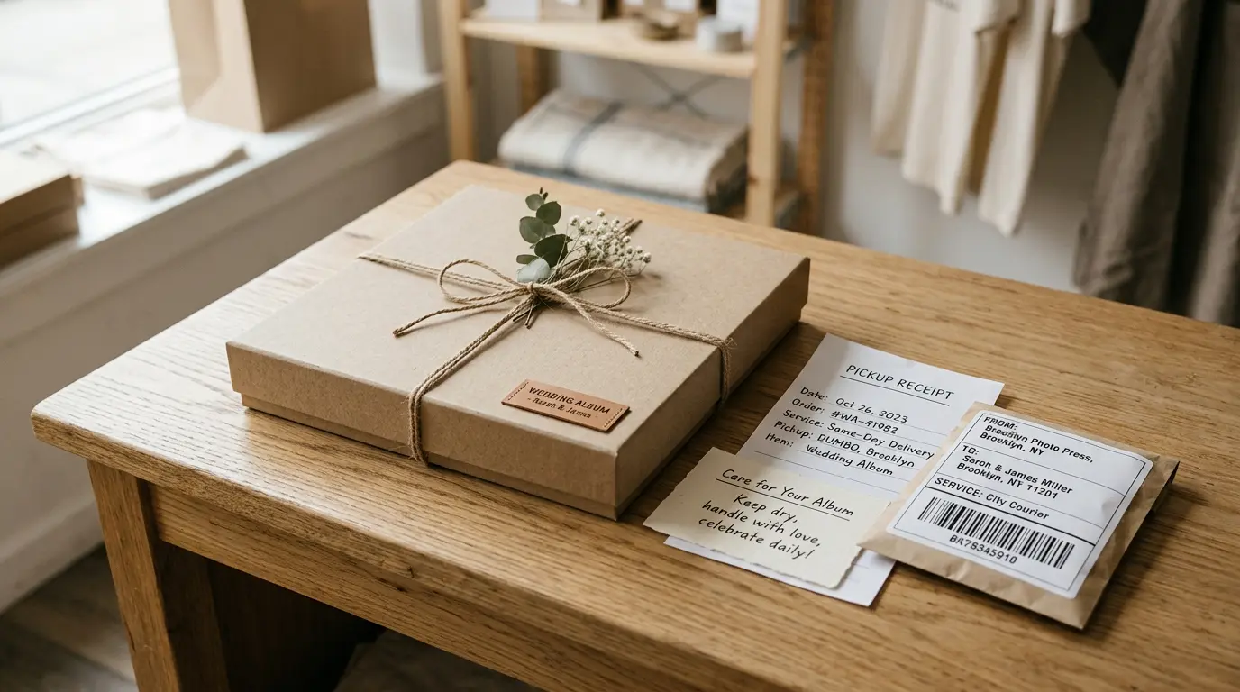 Packaged wedding album ready for pickup or delivery — Brooklyn wedding albums