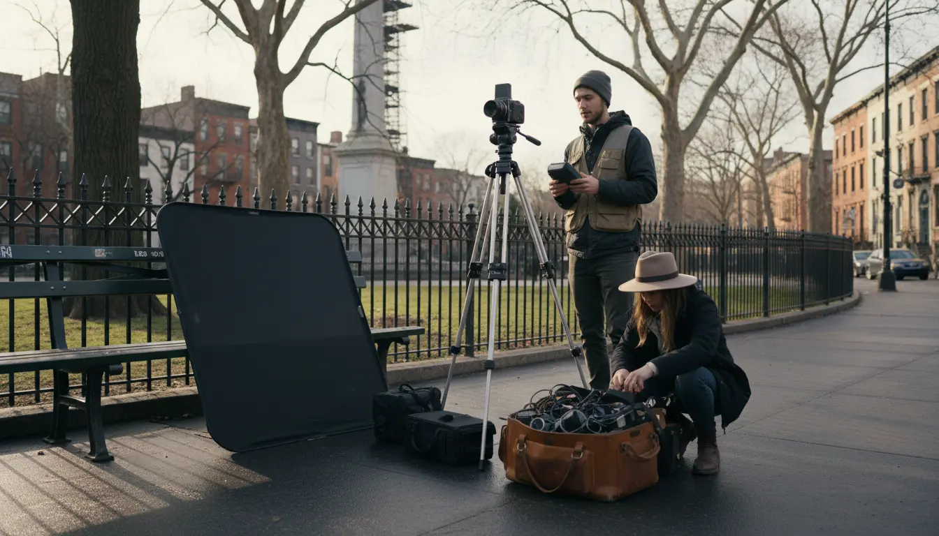 Wedding Photography Fort Greene — photographer setting up tripod and compact gear at Fort Greene Park edge