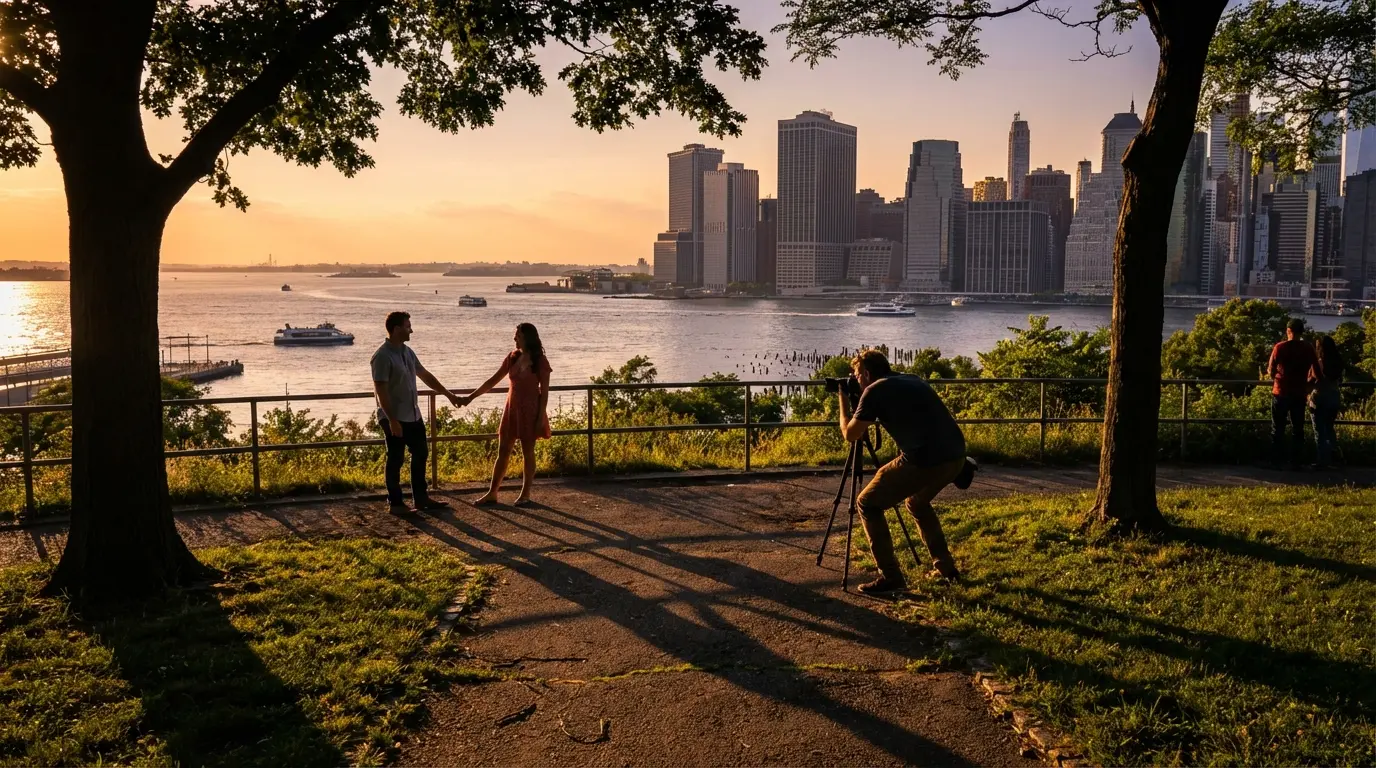 Wedding Photography Sunset Park hilltop overlook with couple and Manhattan view in late-day light