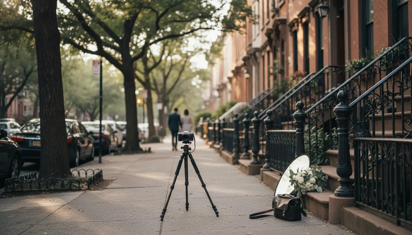 Wedding photographer Park Slope Brooklyn tripod and reflector set up on a brownstone sidewalk near Prospect Park, with a bouquet on the stoop