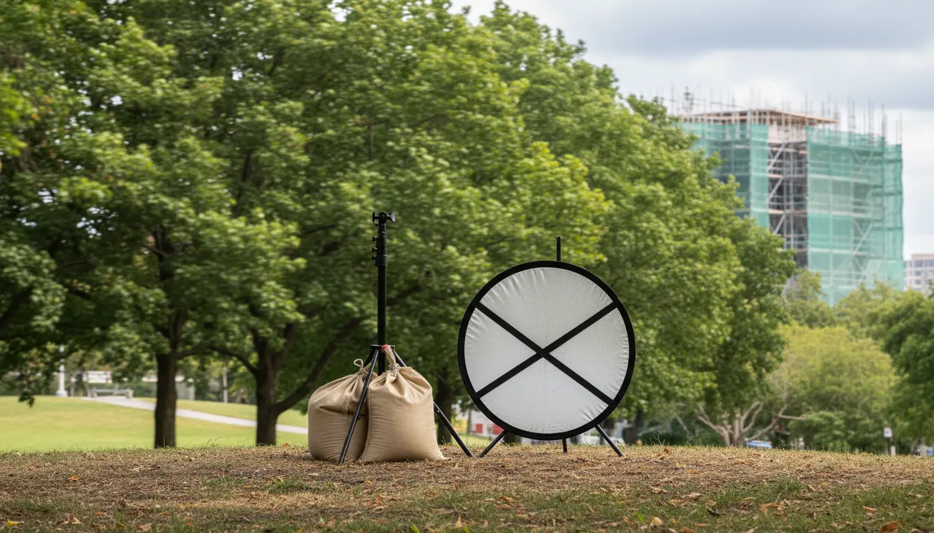 Wedding Photography Fort Greene — sandbagged light stand and secured reflector on Fort Greene Park ridge to mitigate wind and nearby construction effects