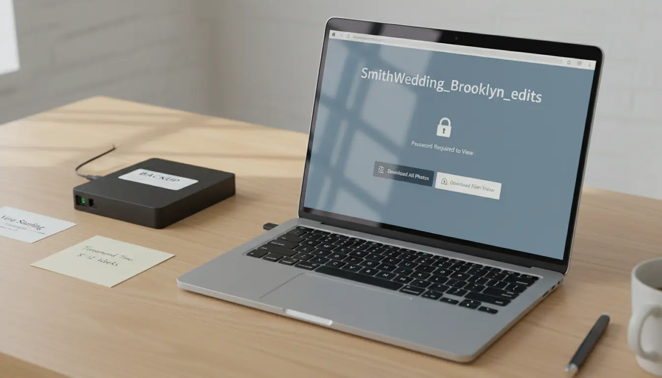Password-protected wedding gallery delivery showing edited files, Brooklyn studio