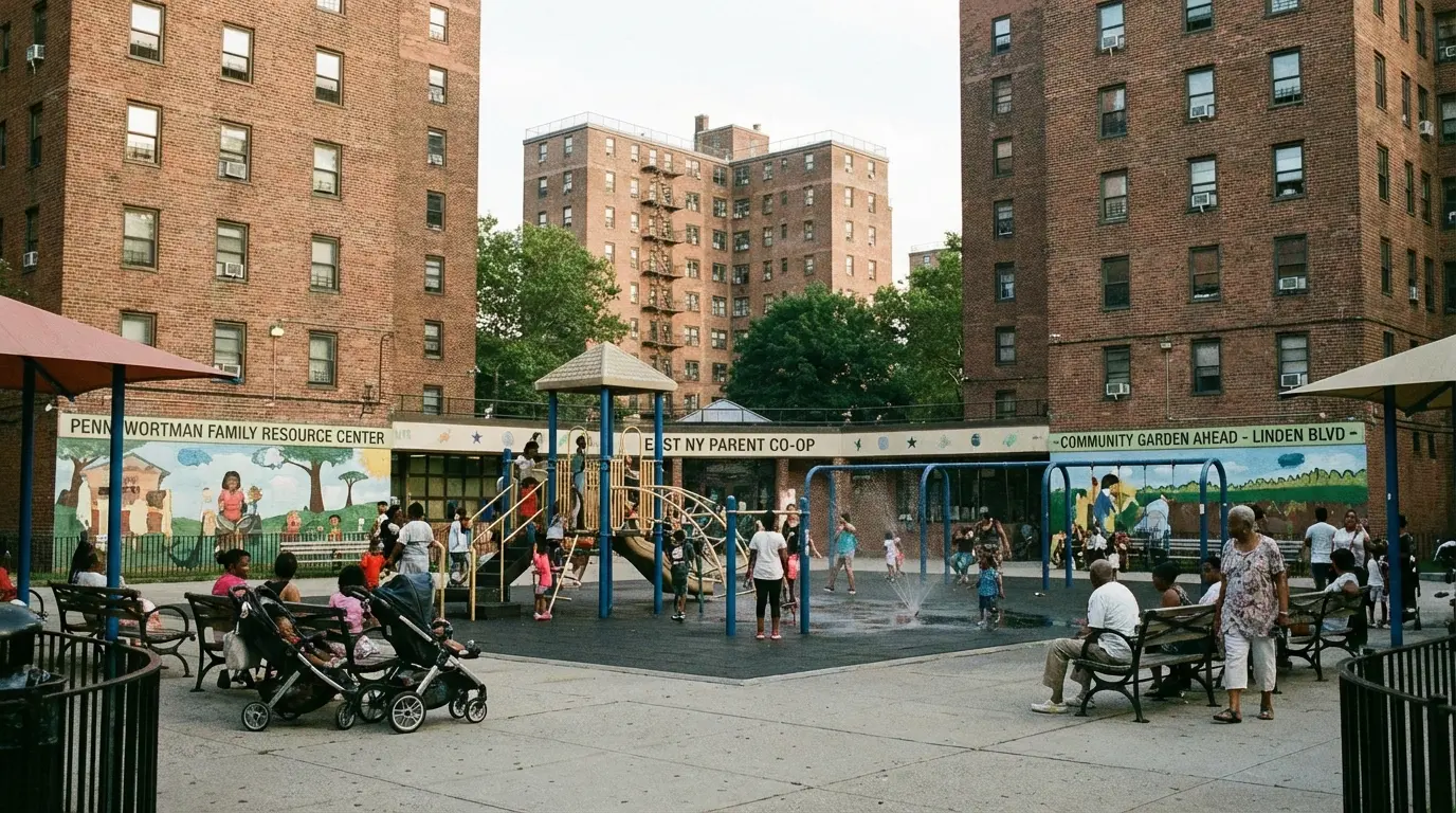 Wedding photography East New York Penn-Wortman Houses courtyard with playground and NYCHA buildings
