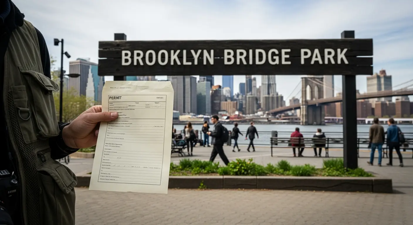 bridal photography Brooklyn photographer holding Brooklyn Bridge Park permit at park entrance
