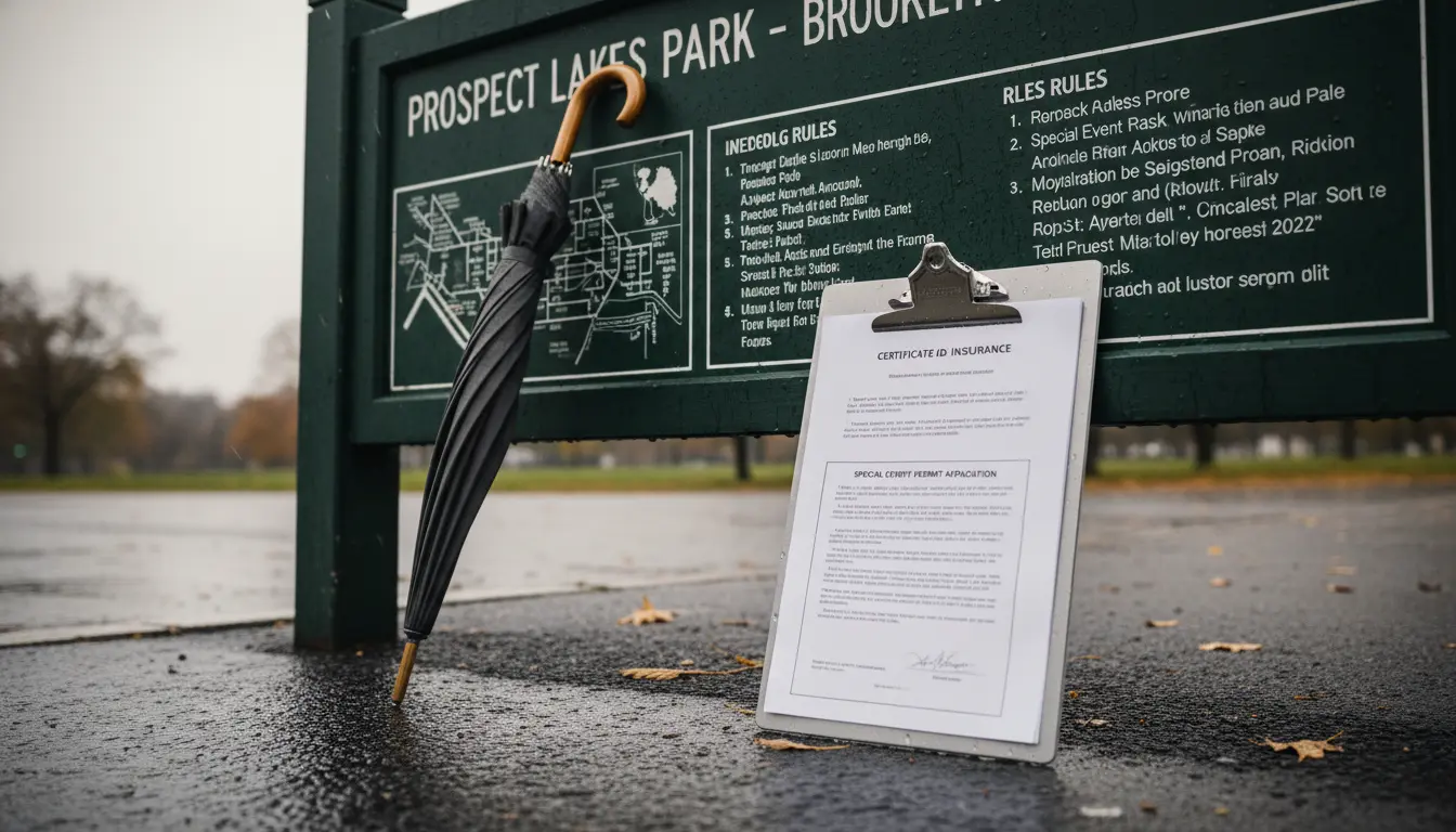 Pre-wedding photoshoot in Brooklyn showing permit application and certificate of insurance at a Brooklyn park sign