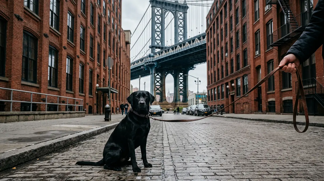 Pet photography session on Washington Street DUMBO Brooklyn with Manhattan Bridge backdrop