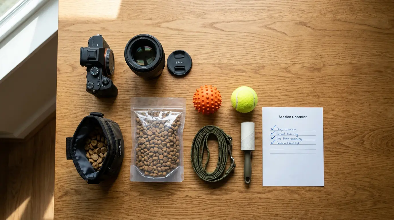 Pet photography session preparation materials including camera gear treats and engagement tools Brooklyn