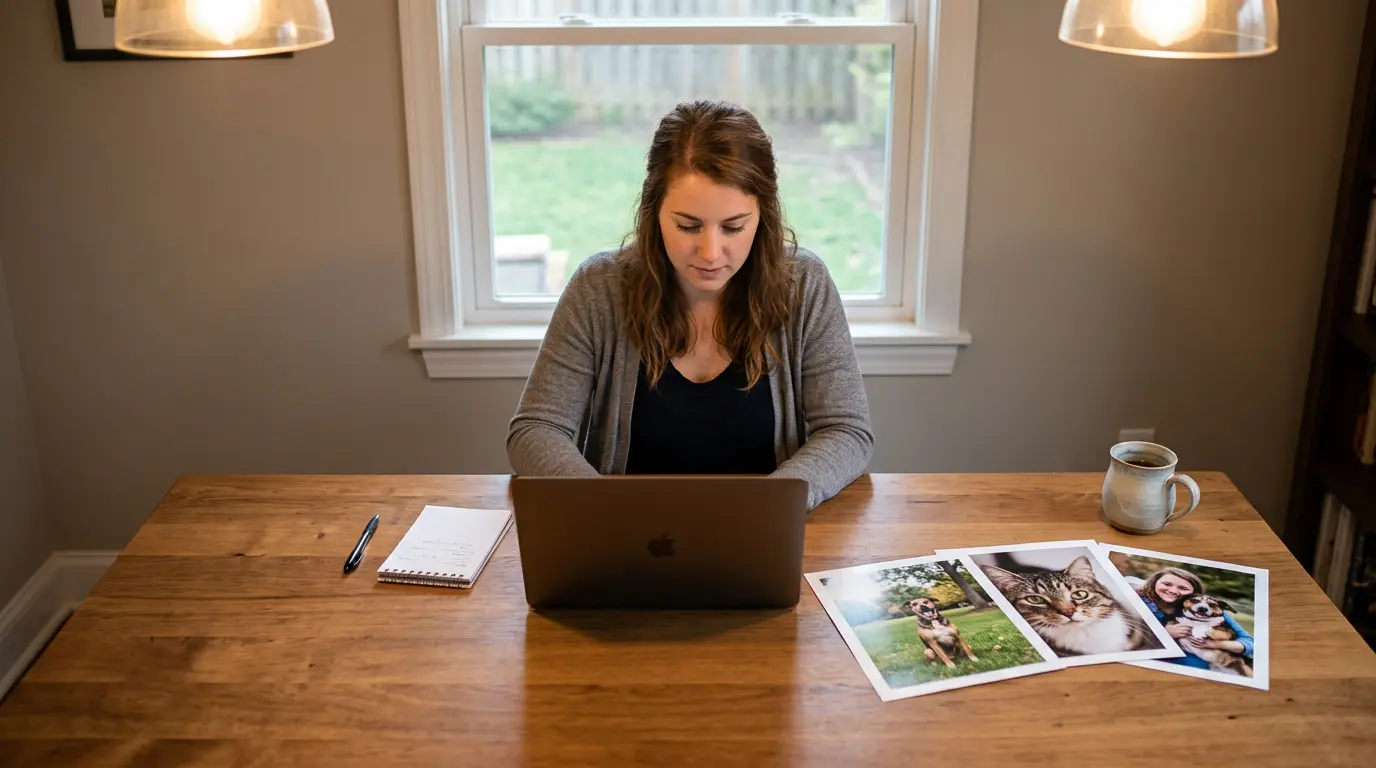 Client reviewing pet portrait online gallery delivery from Brooklyn photography session