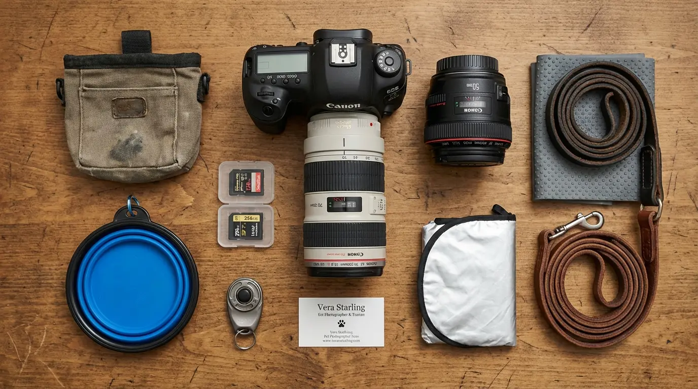 pet photography Brooklyn kit with camera, lenses, treat pouch and reflector laid out