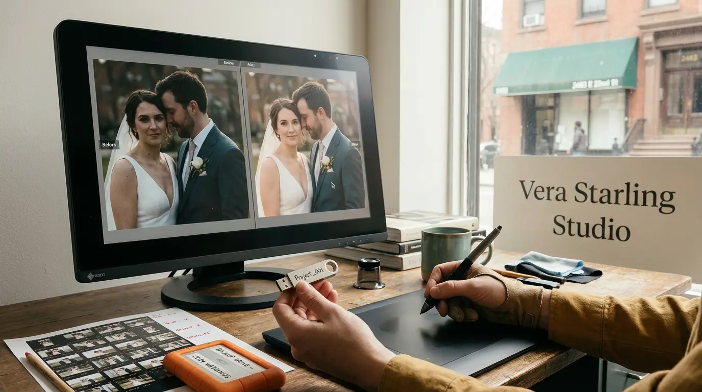 Photo editing in Brooklyn — retoucher at calibrated monitor adjusting a wedding portrait with pen tablet and USB handoff visible