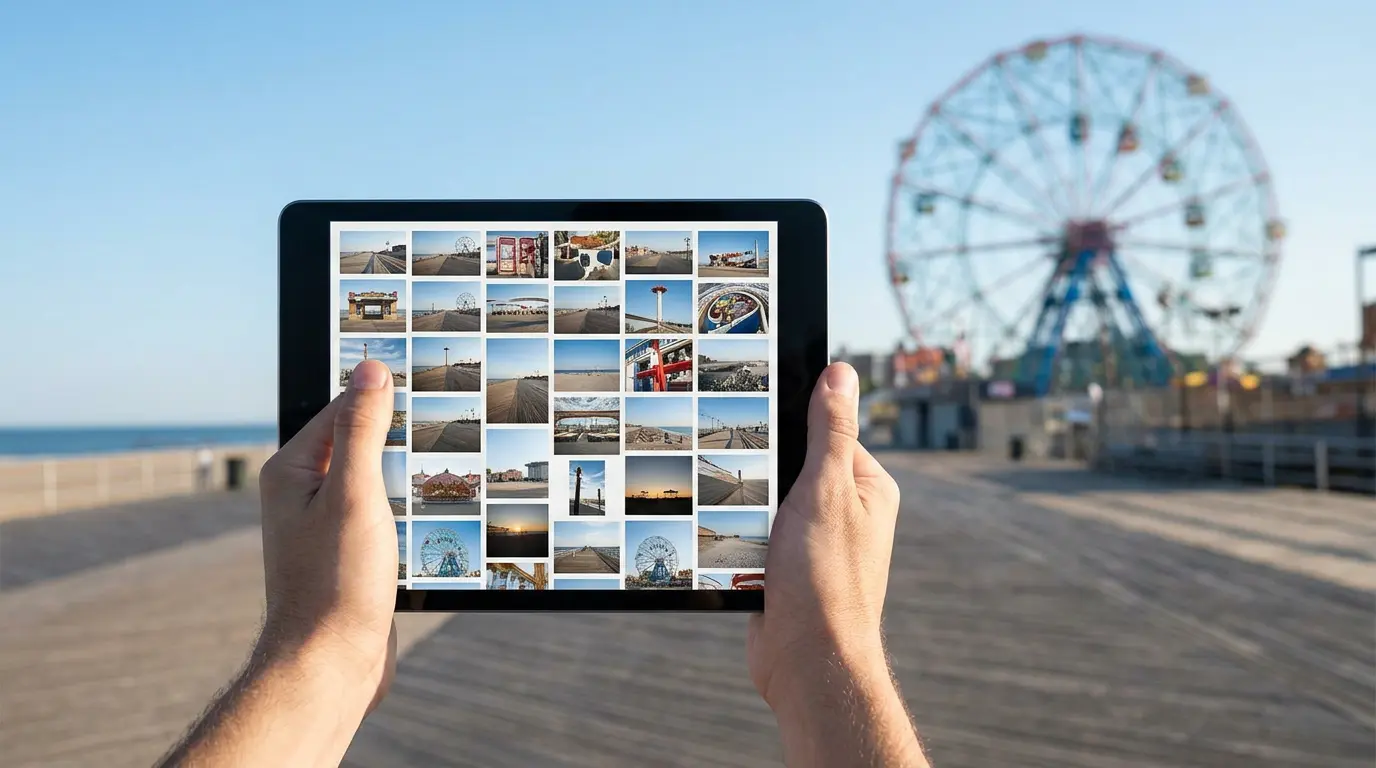 Brooklyn photography service online photo gallery delivery viewed on tablet at Coney Island boardwalk with Wonder Wheel