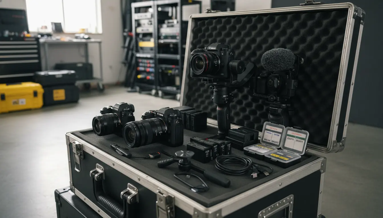 photography and videography equipment in Brooklyn showing cameras, gimbal, microphones and memory cards