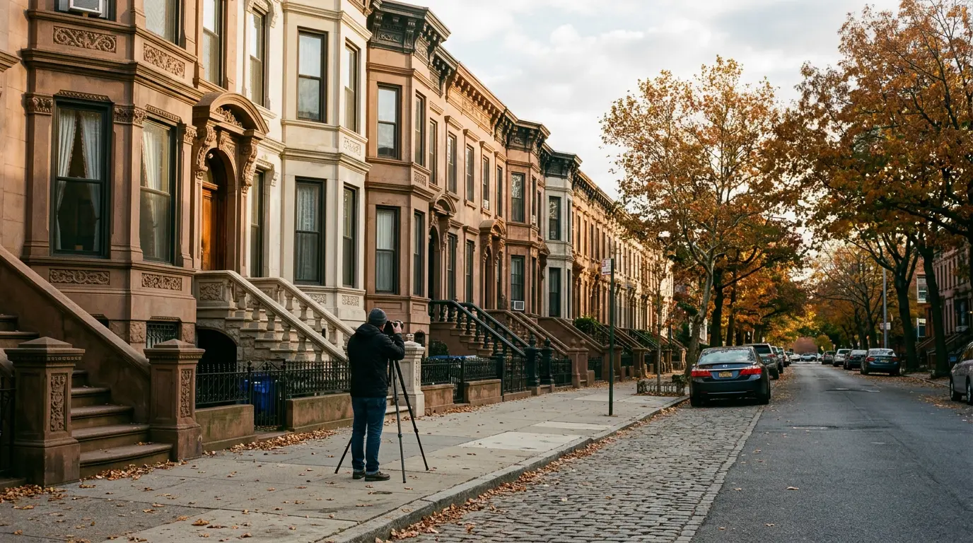 Real estate photographer shooting historic brownstone row exterior on Bed-Stuy Brooklyn listing block