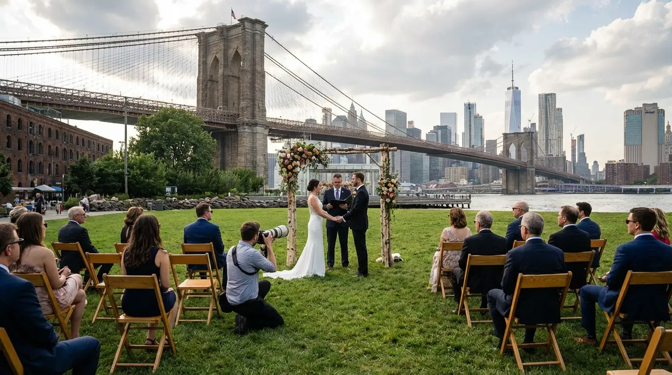 Wedding still photos in Brooklyn (Brooklyn Bridge Park) showing photographer photographing ceremony