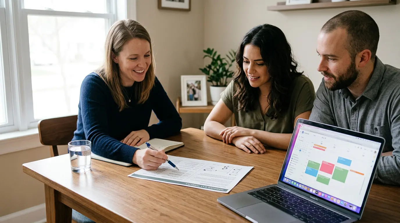 Photographer consultation with clients planning Brooklyn photo session timeline