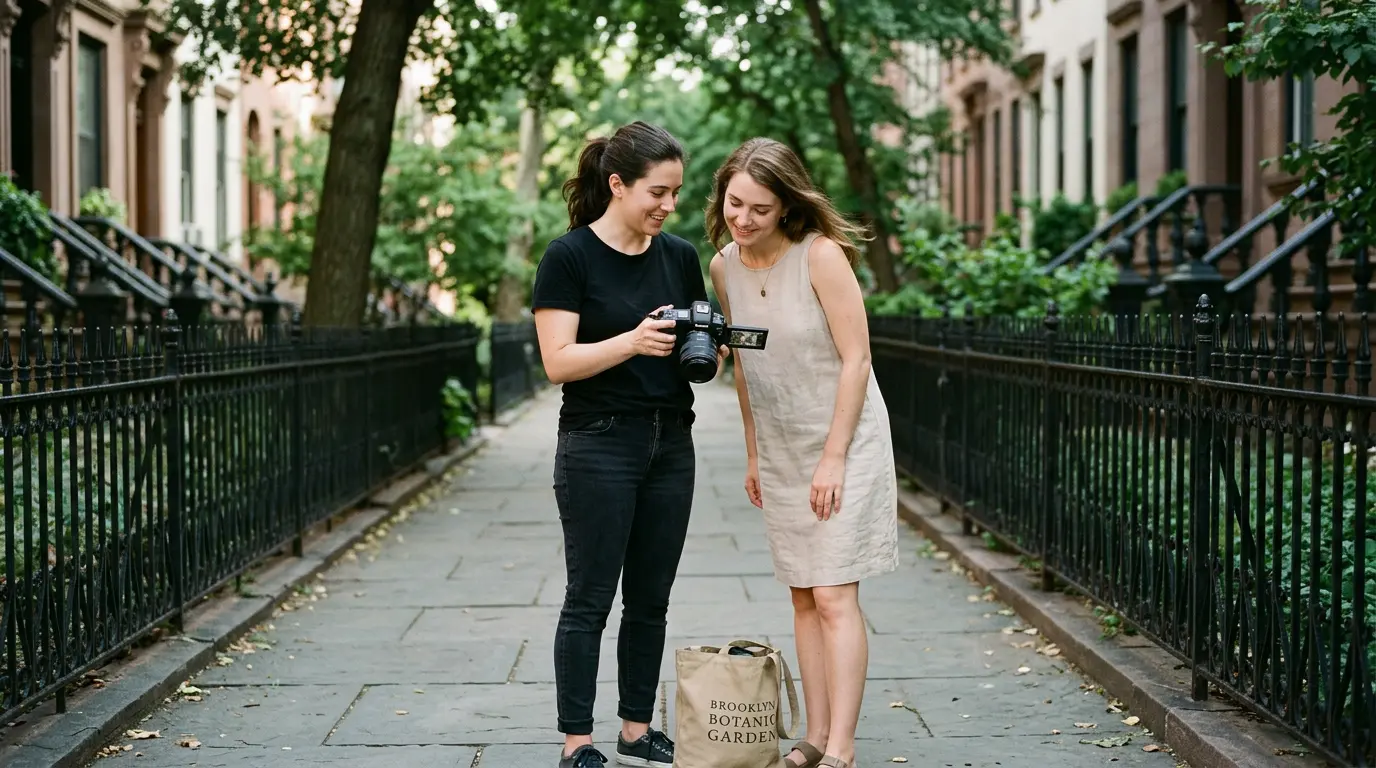 Photographer reviewing portrait shots with client mid-session Brooklyn