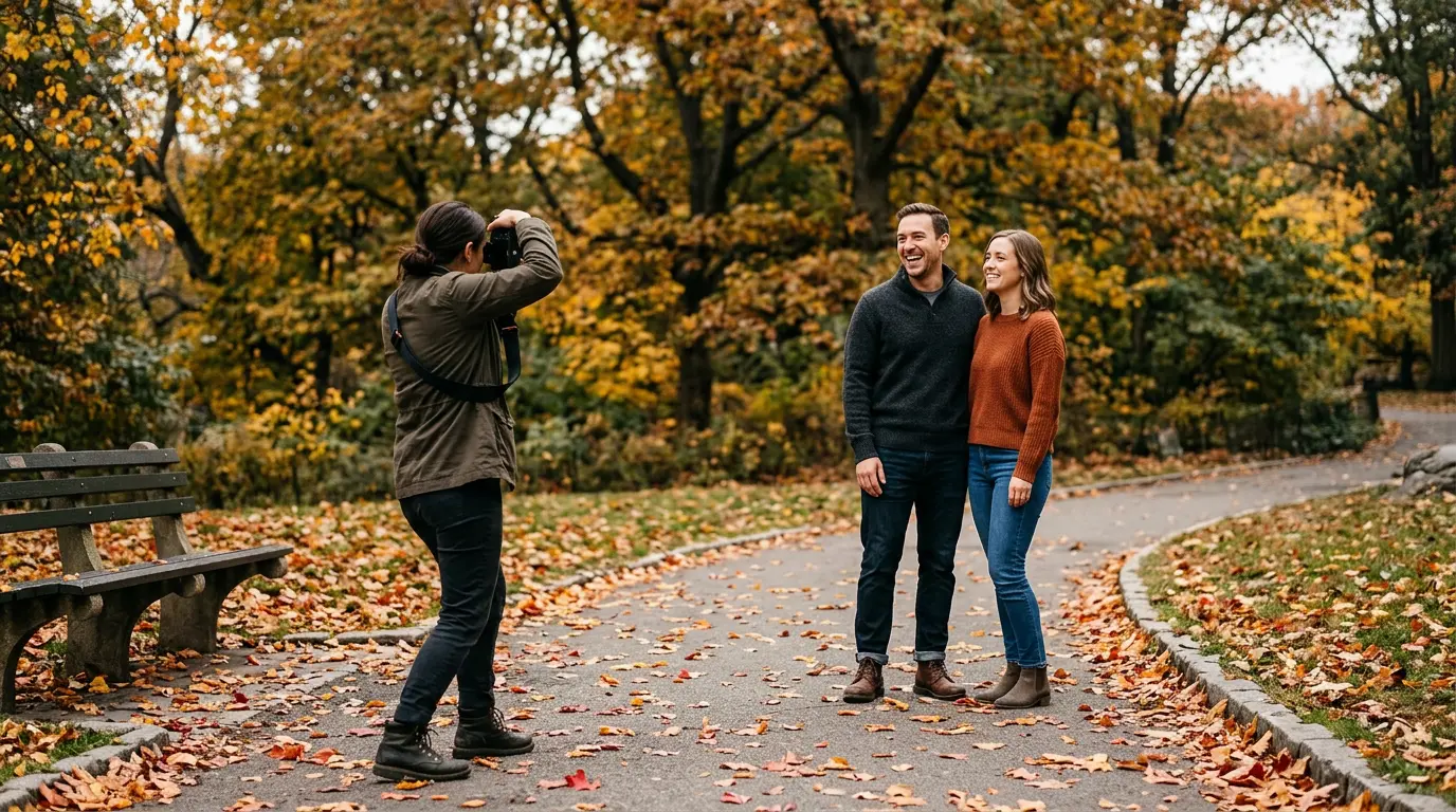 Photographer directing couples photography session at Cobble Hill Park Brooklyn NY