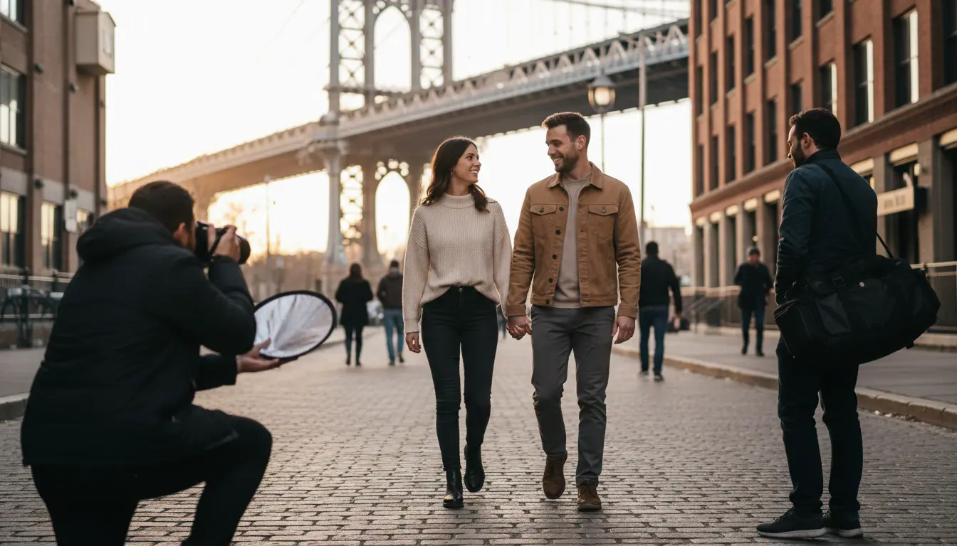 Pre-wedding shoot in DUMBO Brooklyn showing photographer photographing couple walking hand-in-hand near Manhattan Bridge