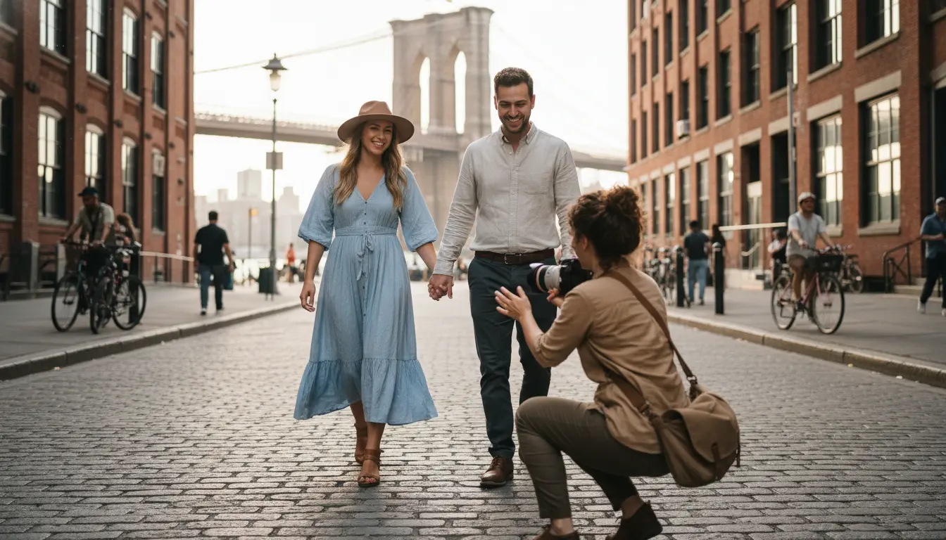 couples photography Brooklyn DUMBO photographer directing couple on cobblestone street