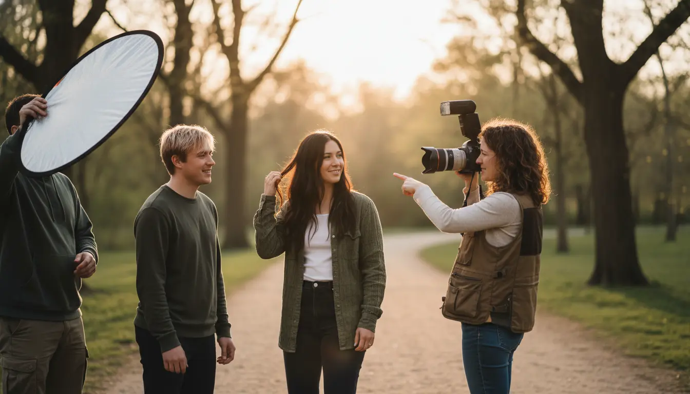 Pre-wedding photoshoot in Brooklyn showing photographer directing couple in Prospect Park