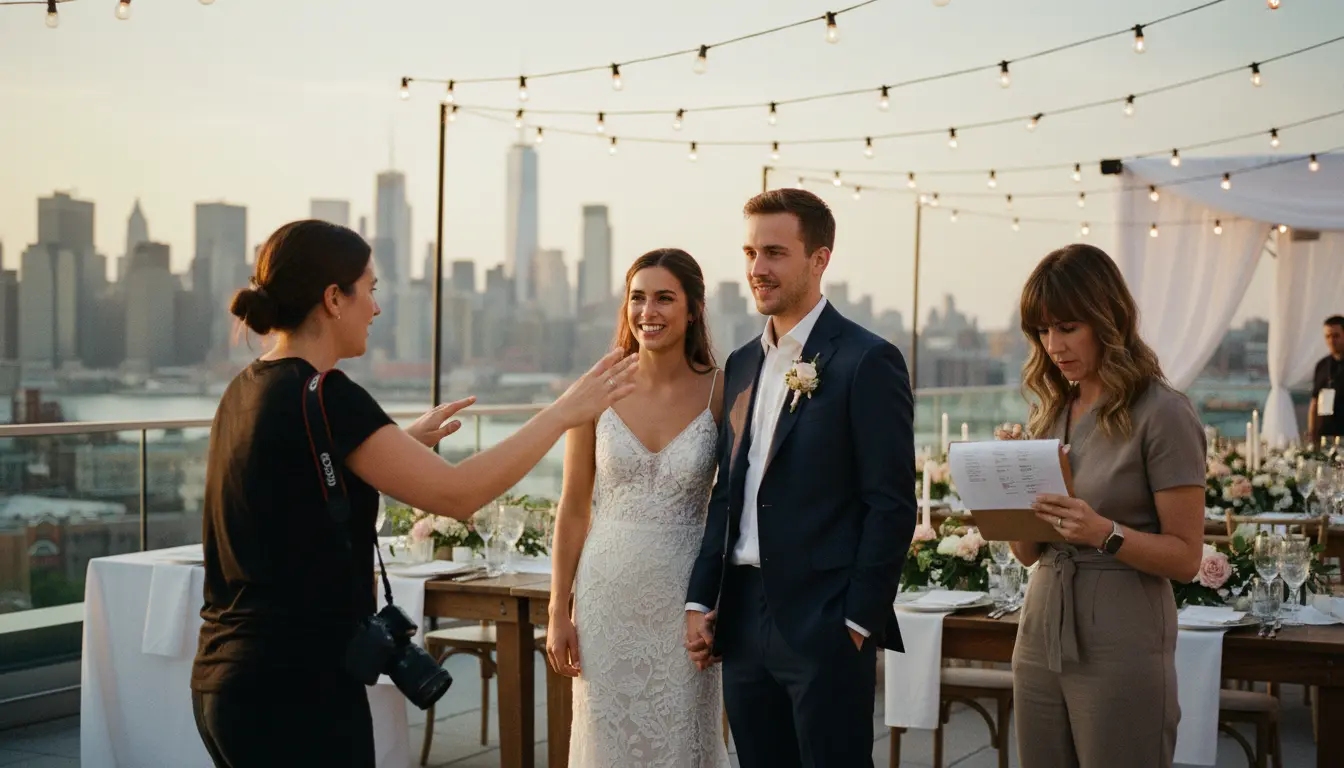 destination wedding photography Brooklyn photographer directing couple on Wythe Hotel rooftop in Williamsburg