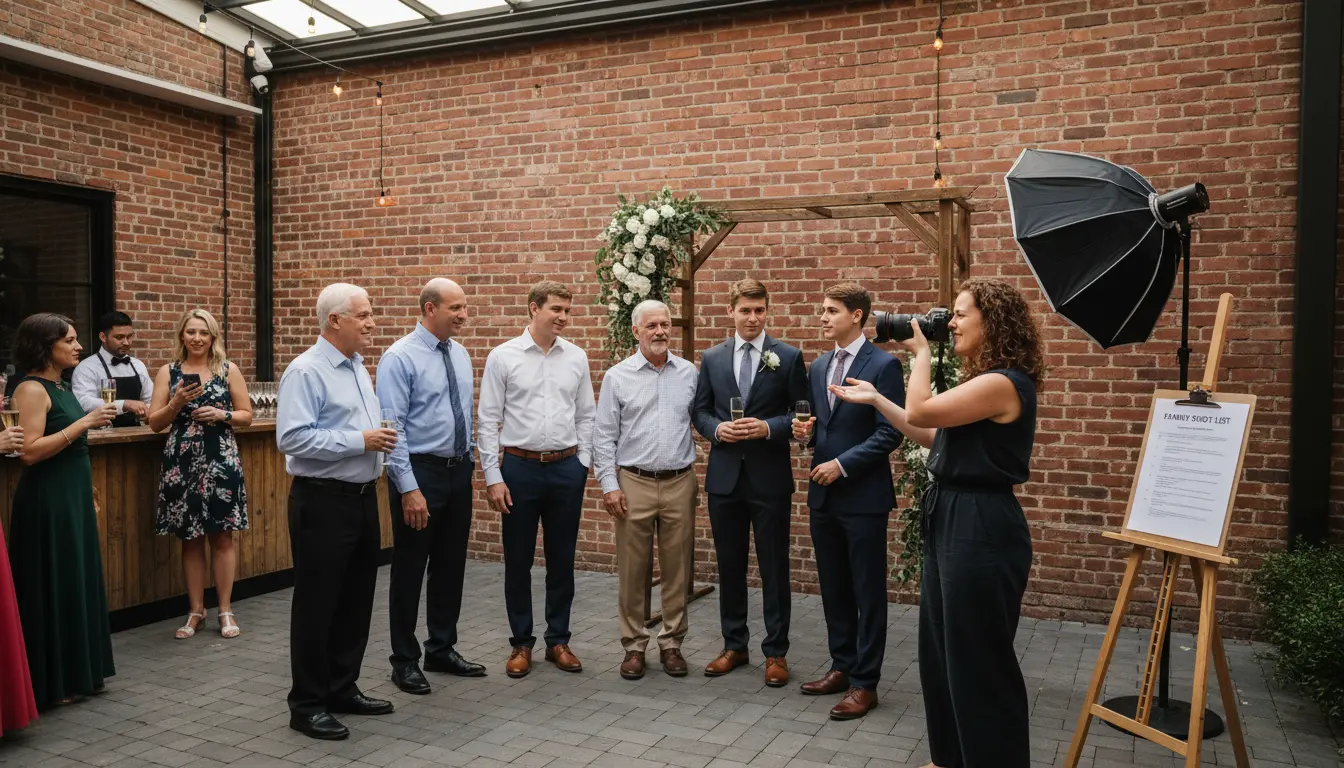 Wedding photographer directing family formals at a Brooklyn venue during wedding day