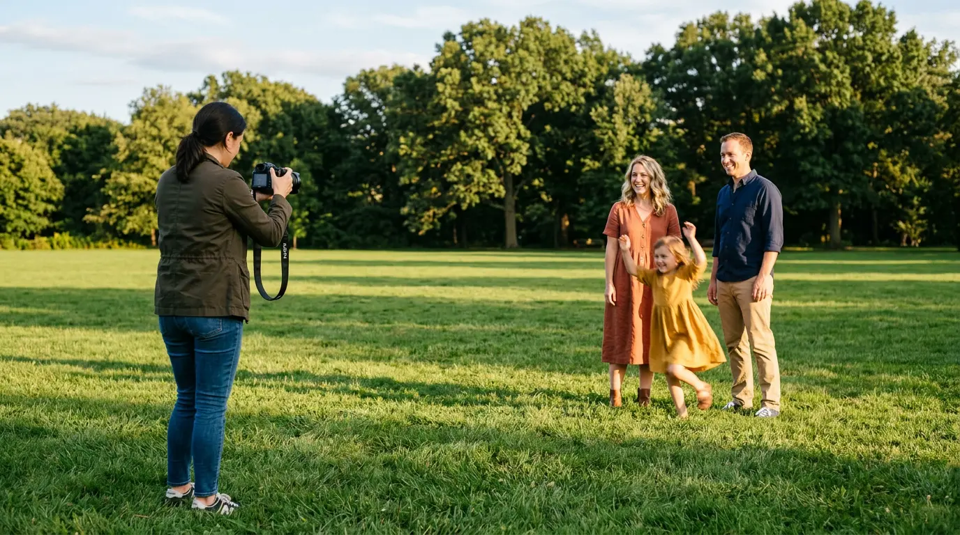 Photographer directing family portrait session at Prospect Park Brooklyn