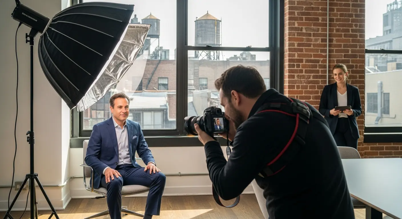 Corporate headshot session in Brooklyn office showing photographer directing subject and lighting