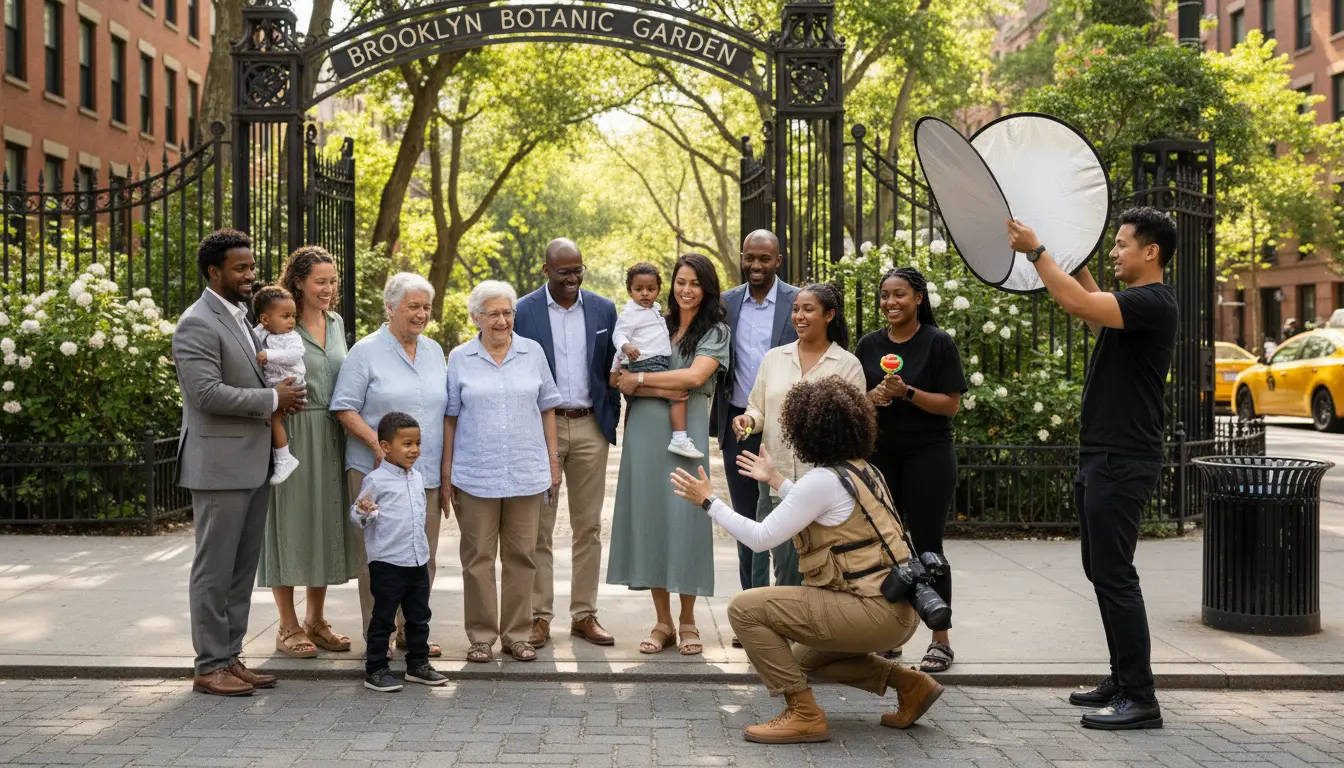 Photographer directing family and group at a Brooklyn wedding showing arrangement and assistant with reflector