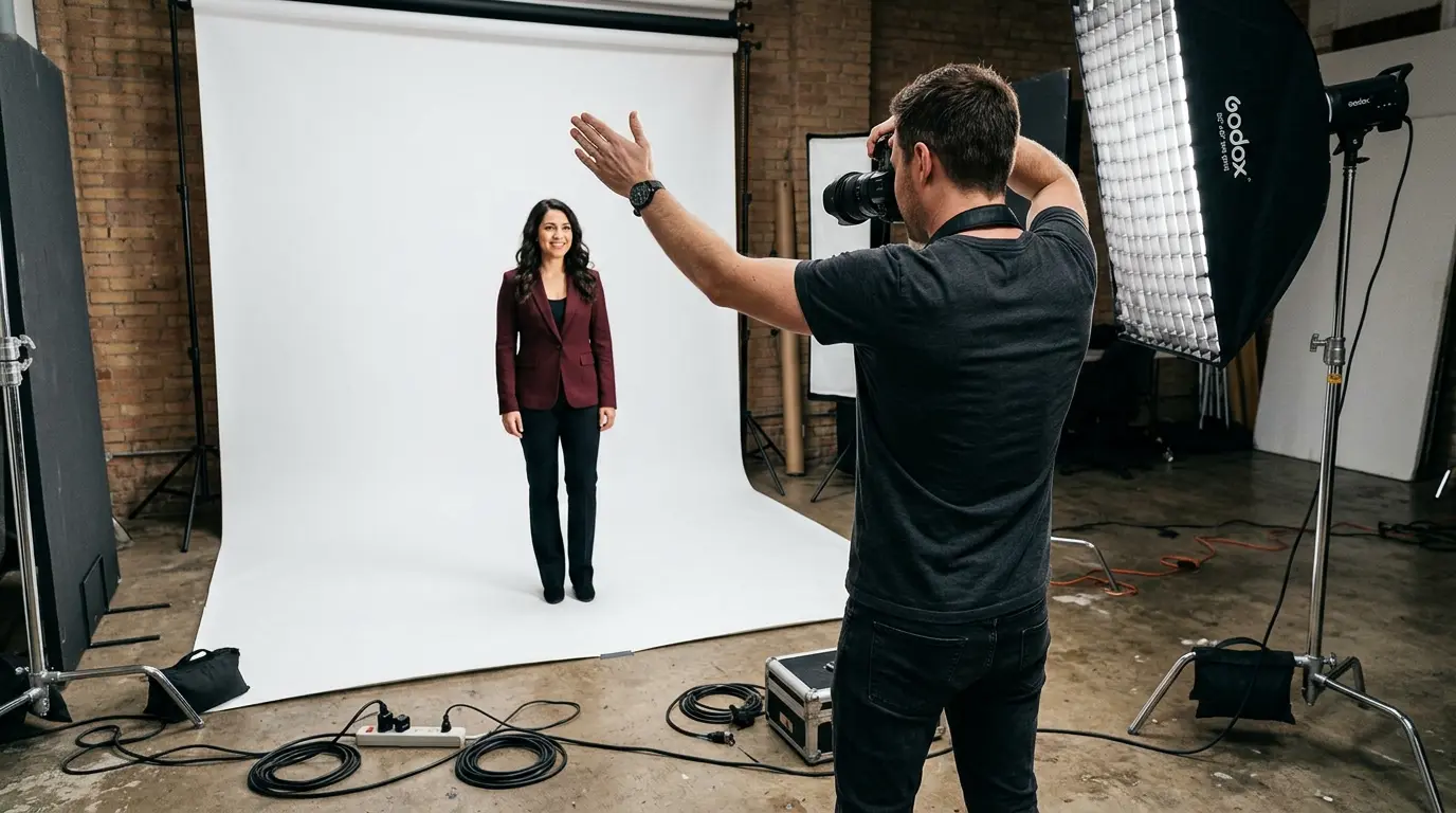 Active headshot photography session in Brooklyn studio with photographer directing
