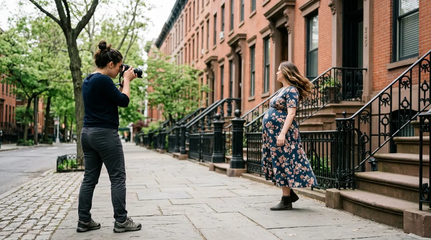 Maternity photographer directing pregnant client during outdoor session on Brooklyn brownstone street