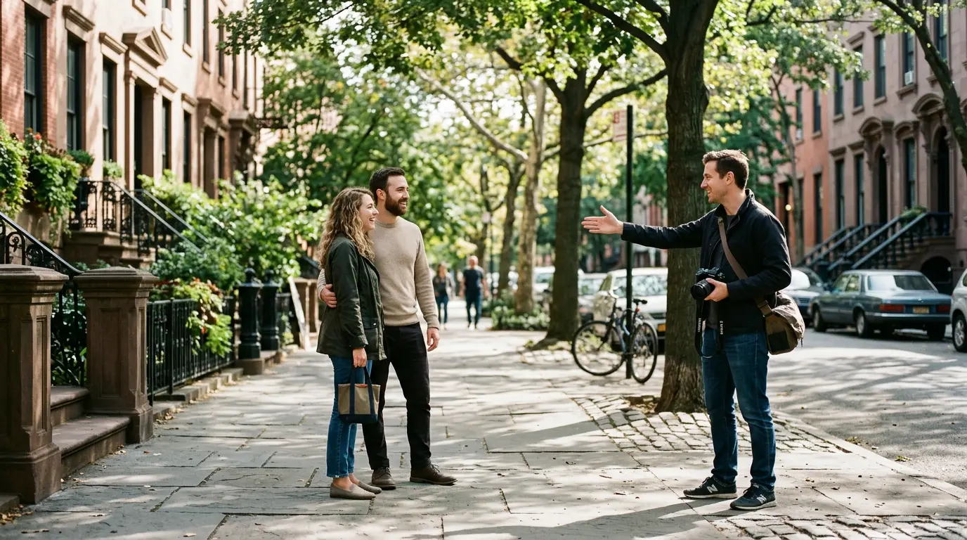 Wedding rehearsal photographer directing couple on a tree-lined sidewalk in Cobble Hill Brooklyn