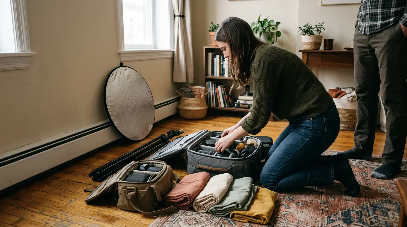 Newborn photographer unpacking and setting up equipment in Brooklyn home before session begins