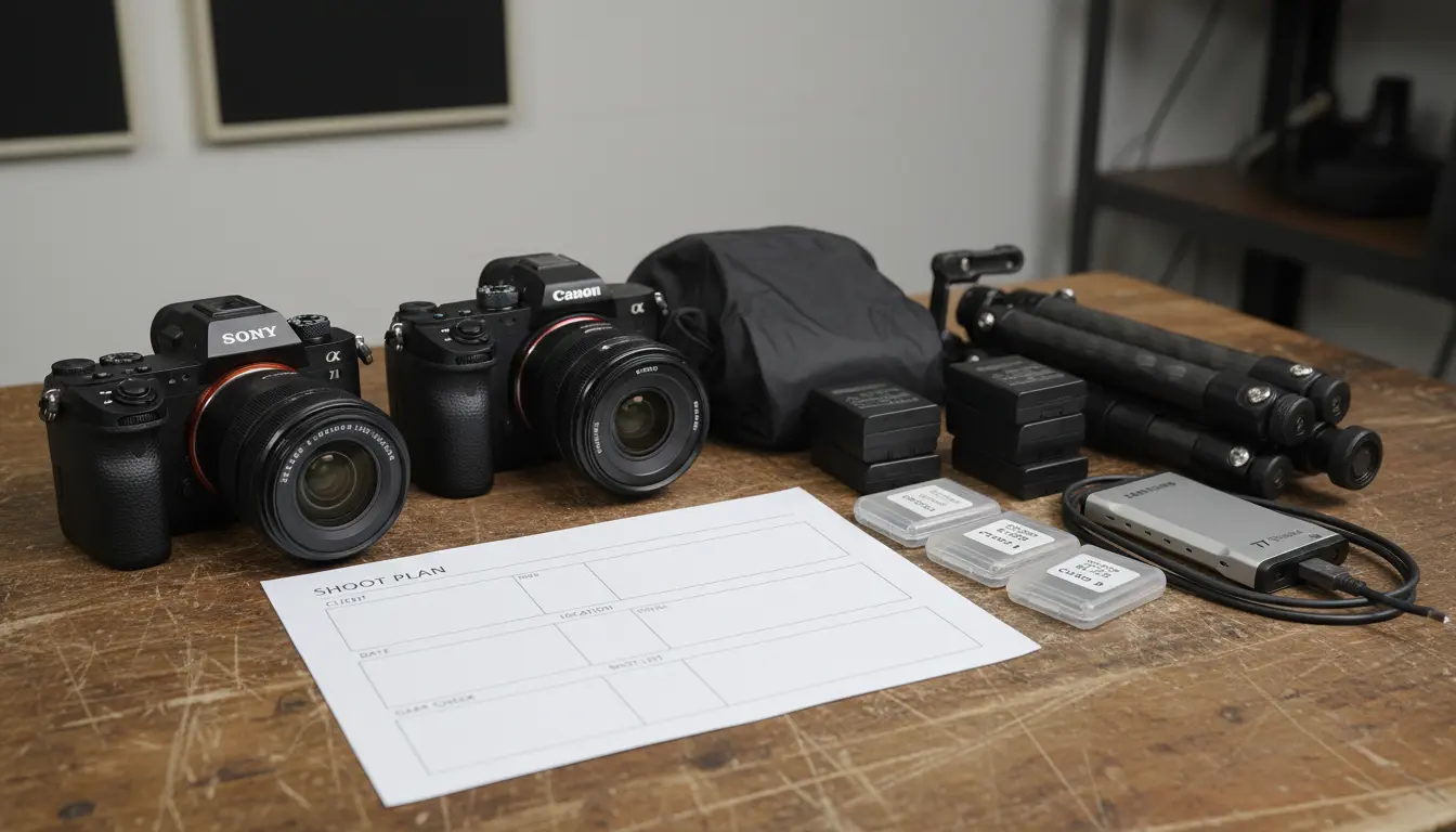 couples photography Brooklyn camera gear and backup drives on table