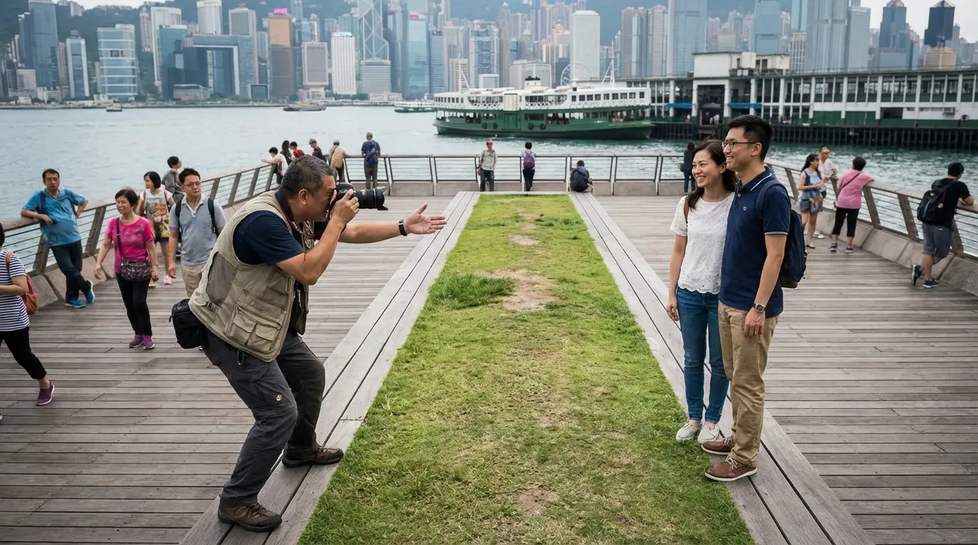 Wedding Photography Williamsburg — photographer shooting a couple on a waterfront pier lawn with East River and skyline visible