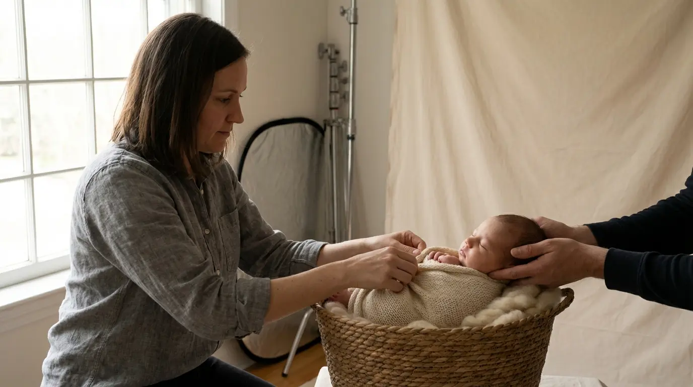 Newborn photography in Brooklyn studio with photographer posing baby and assistant spotting