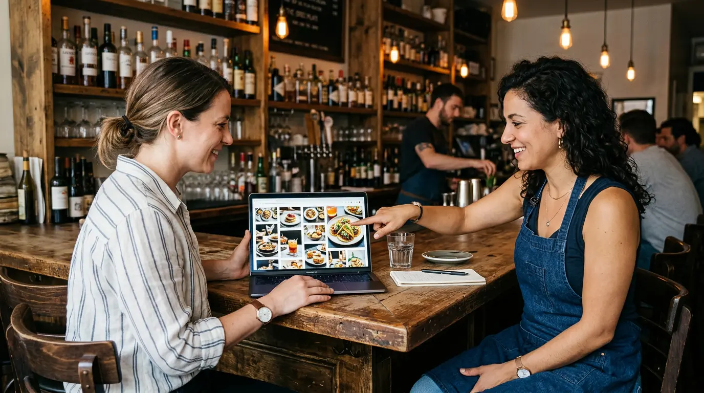 food photographer reviewing final image selections with Brooklyn restaurant owner during client walkthrough session