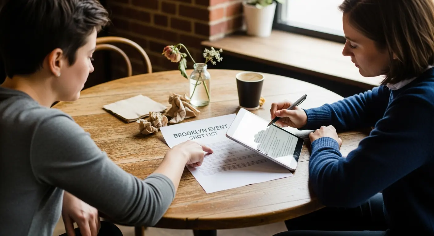 Event photography planning meeting in Brooklyn, NY with photographer and client reviewing a shot list