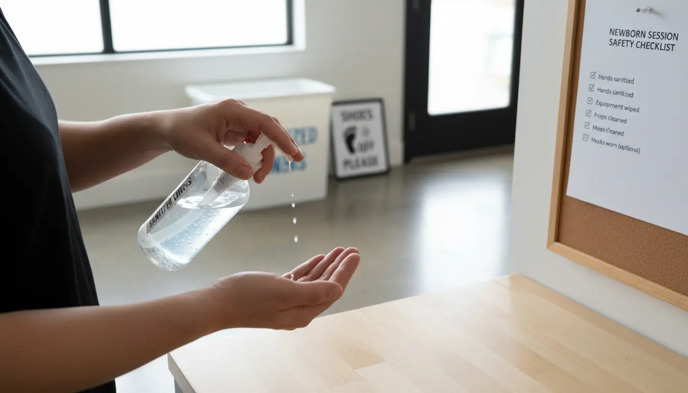 Newborn photography hand sanitizing and clean linens in Brooklyn studio