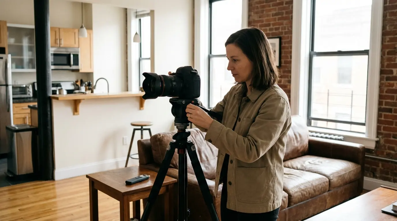 Real estate photography Brooklyn - photographer setting up tripod and camera inside apartment