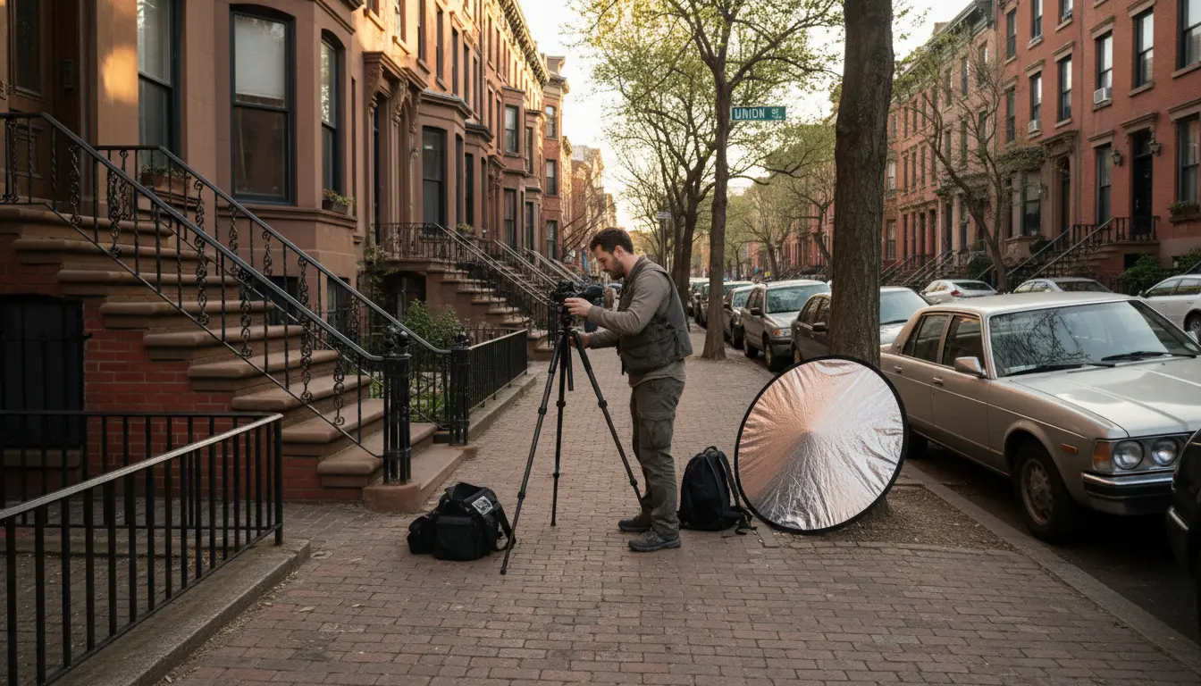 Wedding Photography Park Slope — photographer setting up tripod and reflector on a brownstone sidewalk near Union St