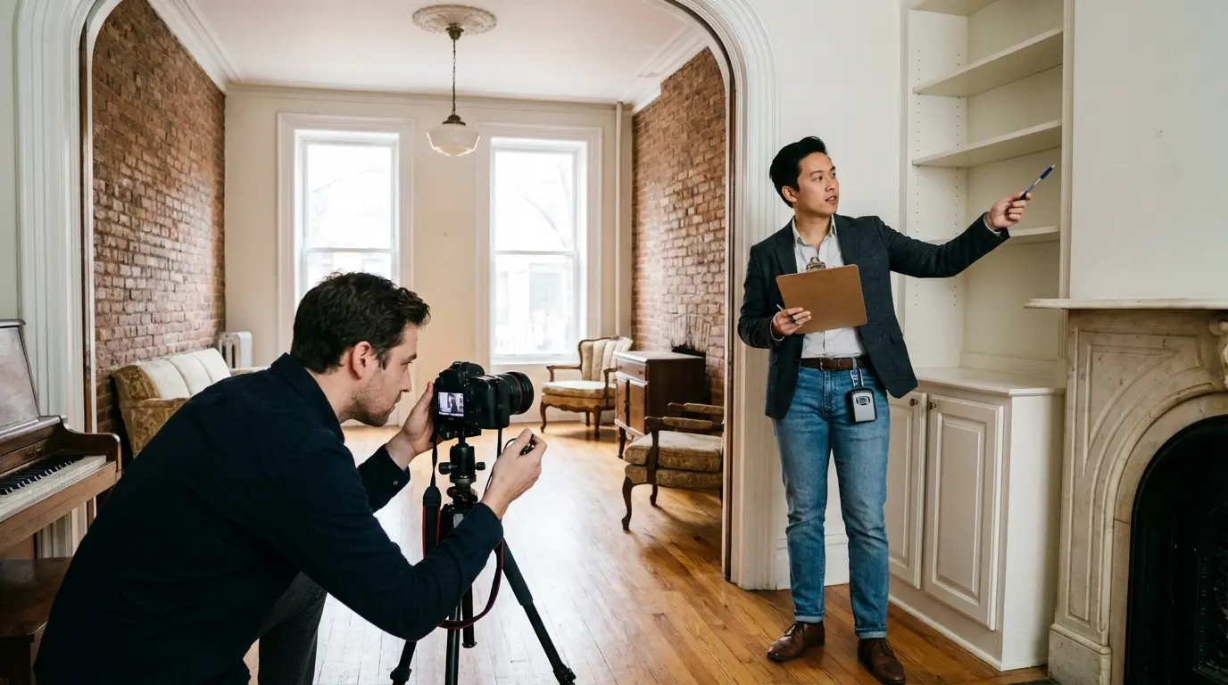 Real estate photography Brooklyn - photographer shooting interior while agent stands with clipboard
