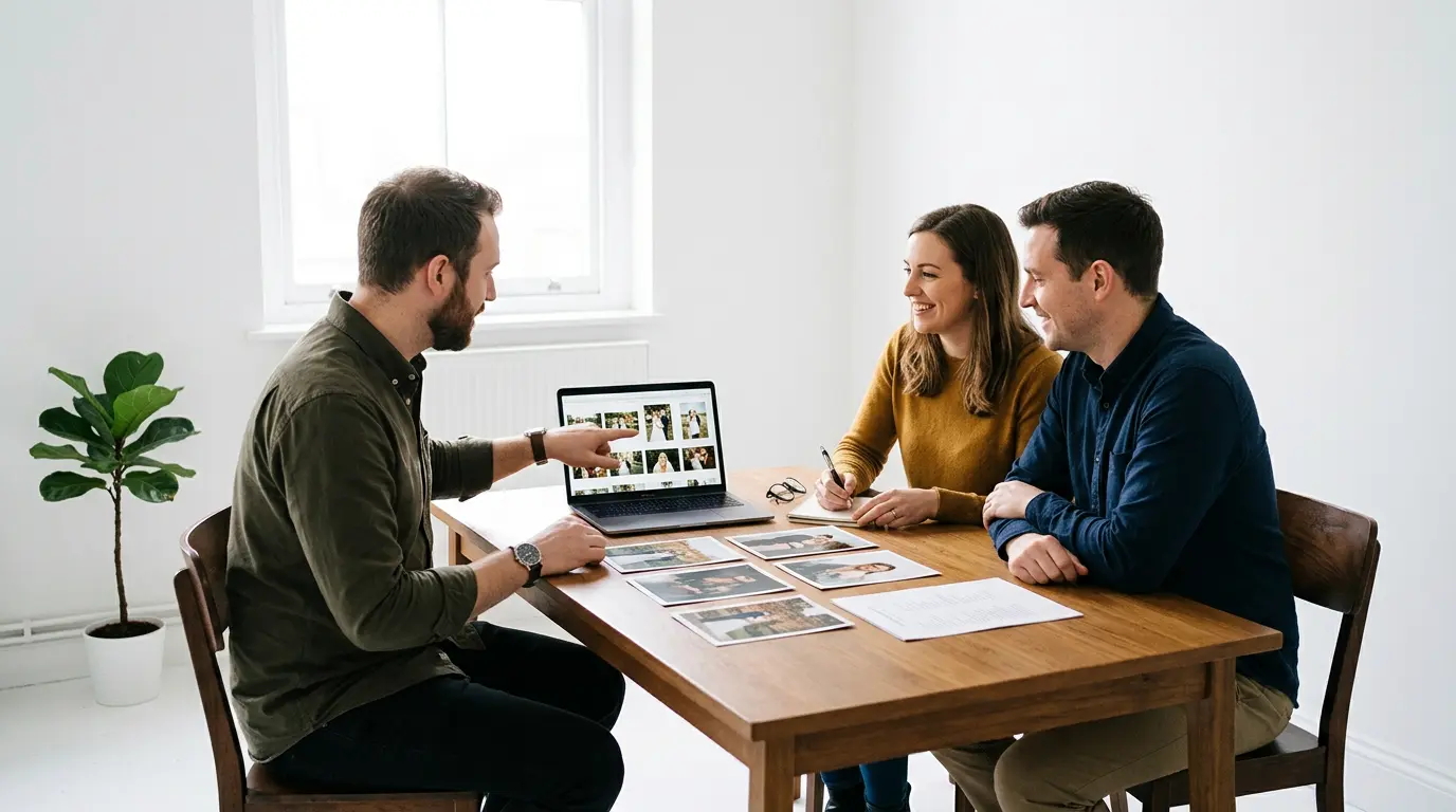 Brooklyn photography service pre-booking consultation with clients reviewing photography portfolio and session plan